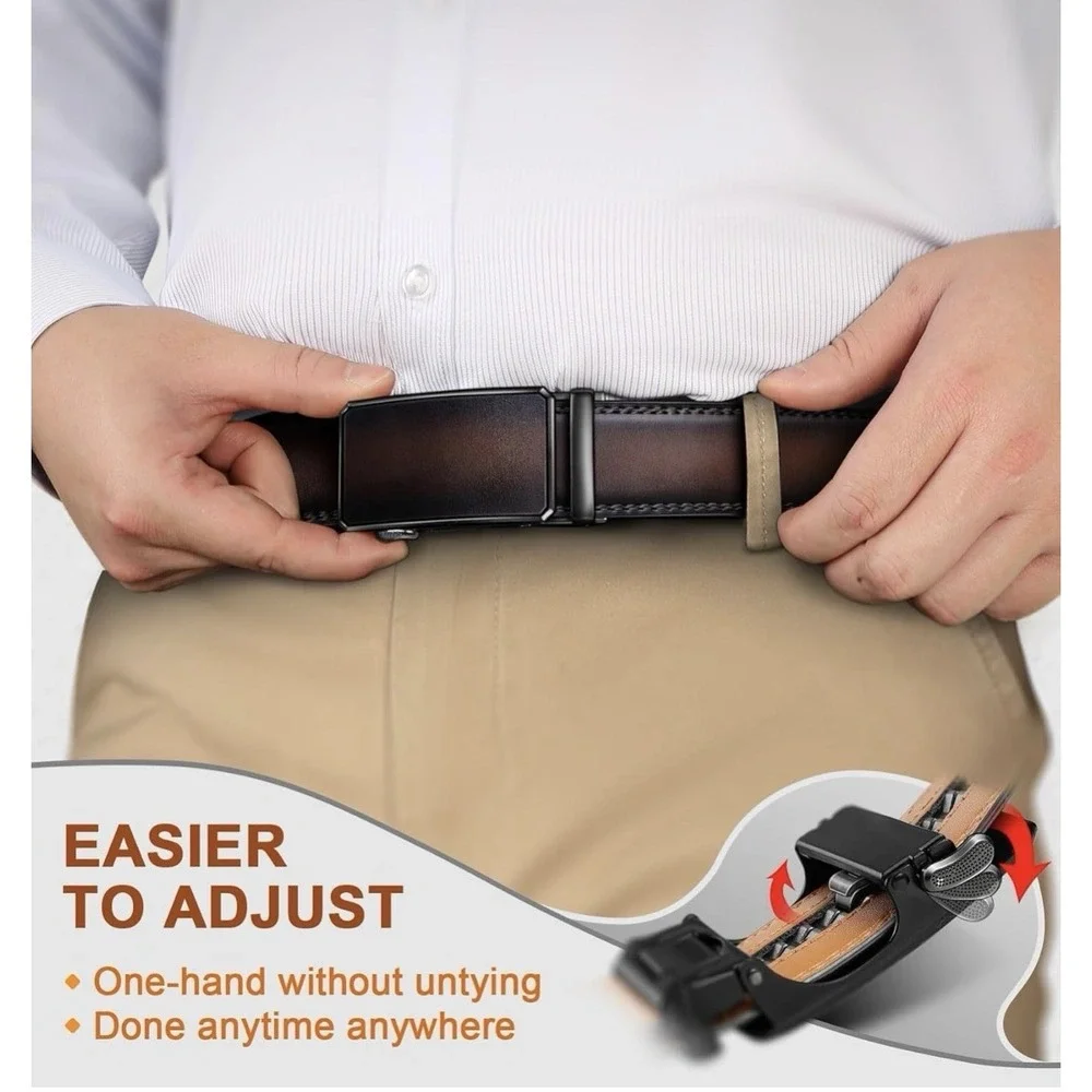 Kemisant Mens Ratchet Belt 2 Pack Black Brown Leather Automatic Slide Buckle Set